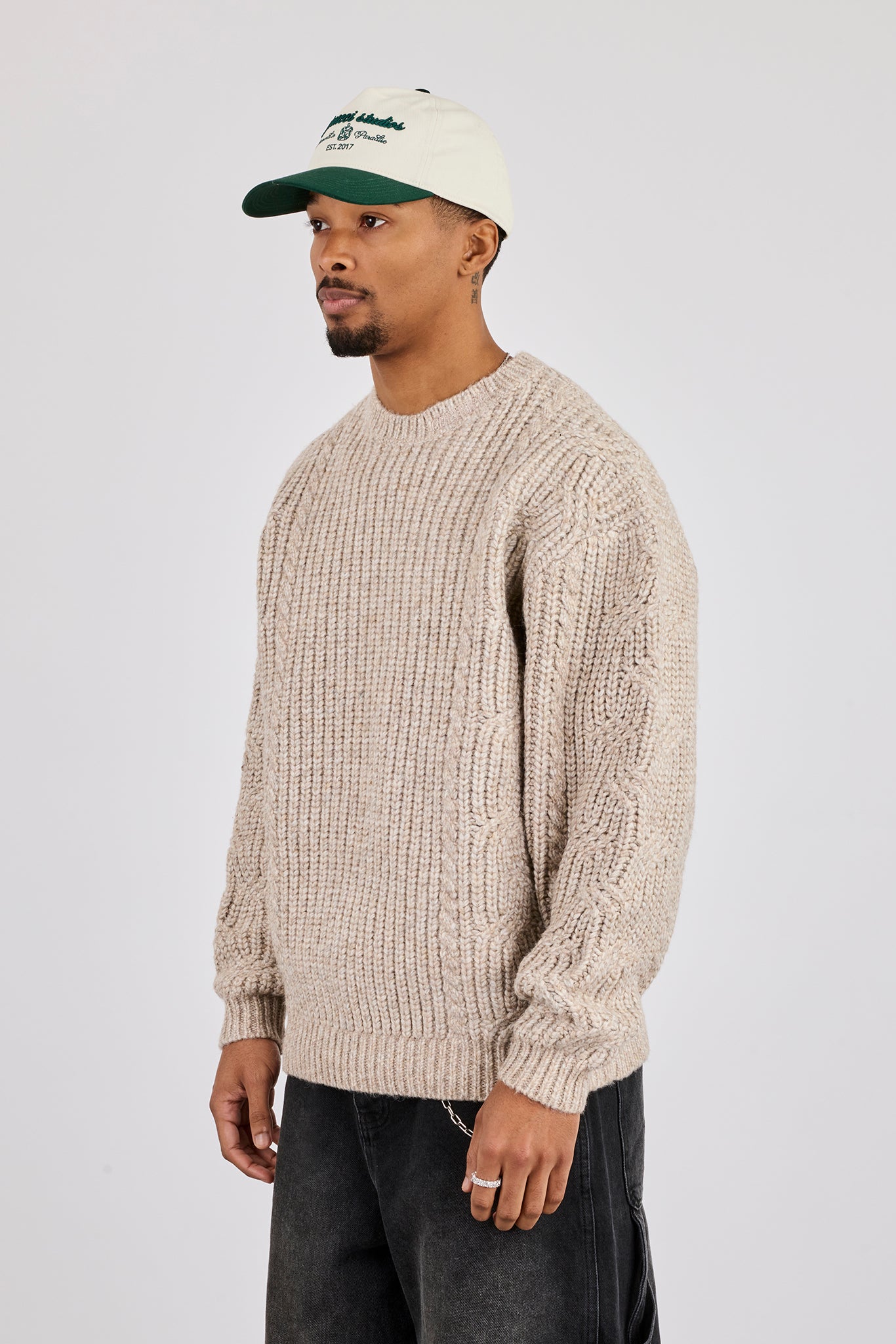 Cable Knit Embroidered Sweatshirt - Beige